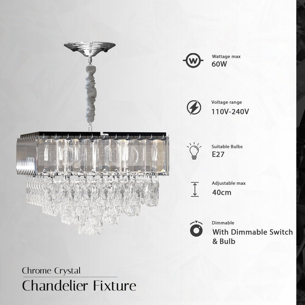 Modern Crystal Chrome Rectangular Droplet Ceiling Chandelier for Living Room