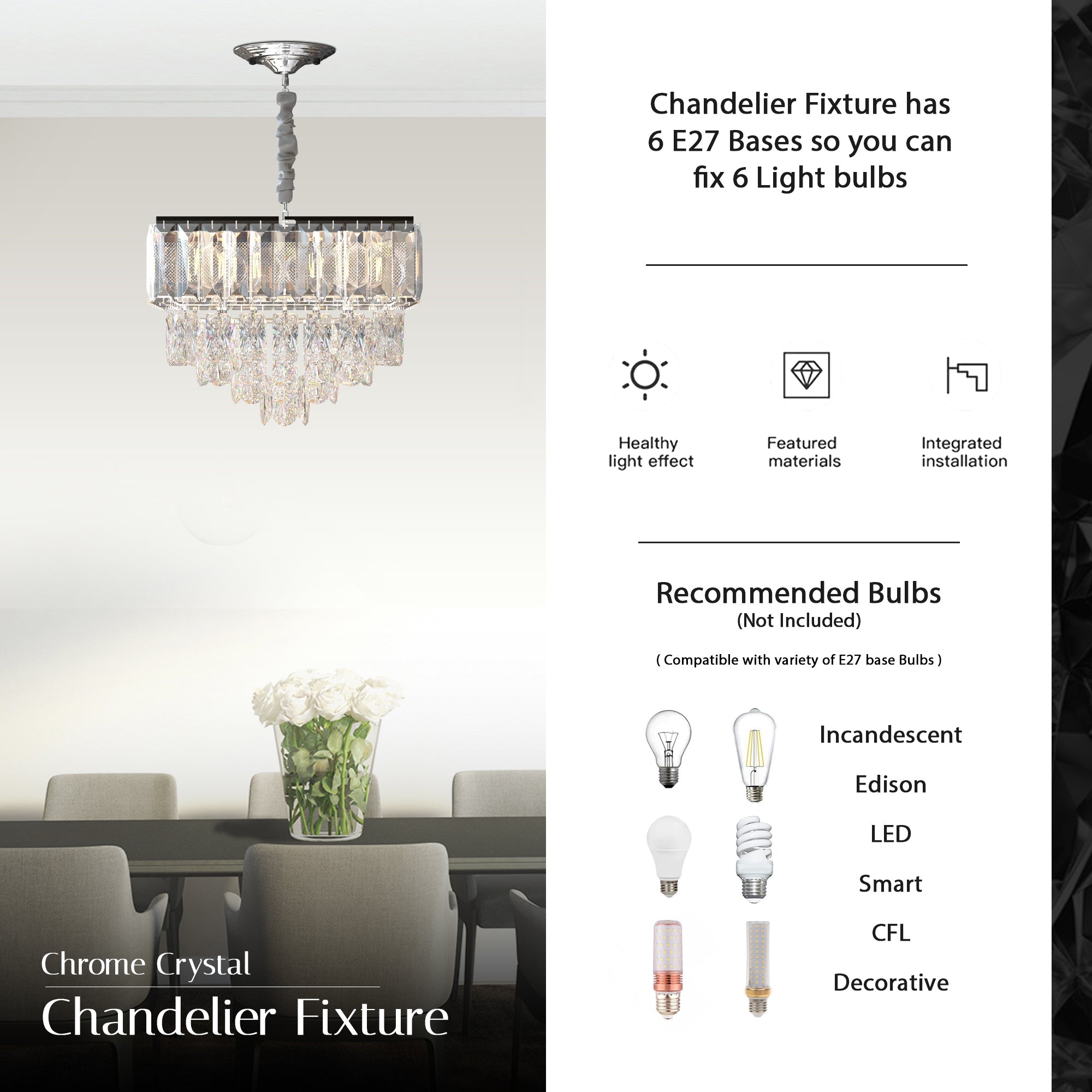 Modern Crystal Chrome Rectangular Droplet Ceiling Chandelier Light