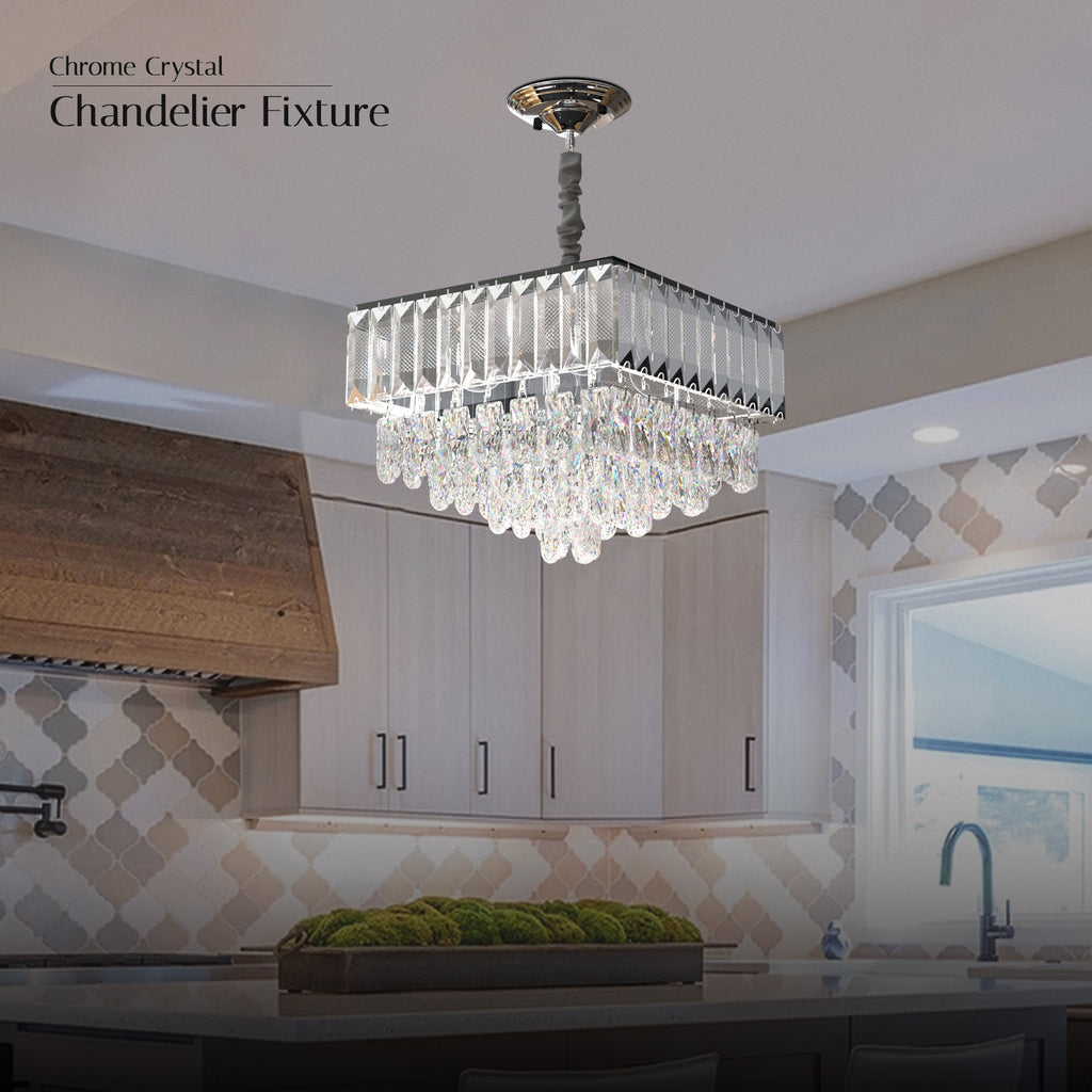 Modern Crystal Chrome Rectangular Droplet Ceiling Chandelier for Living Room