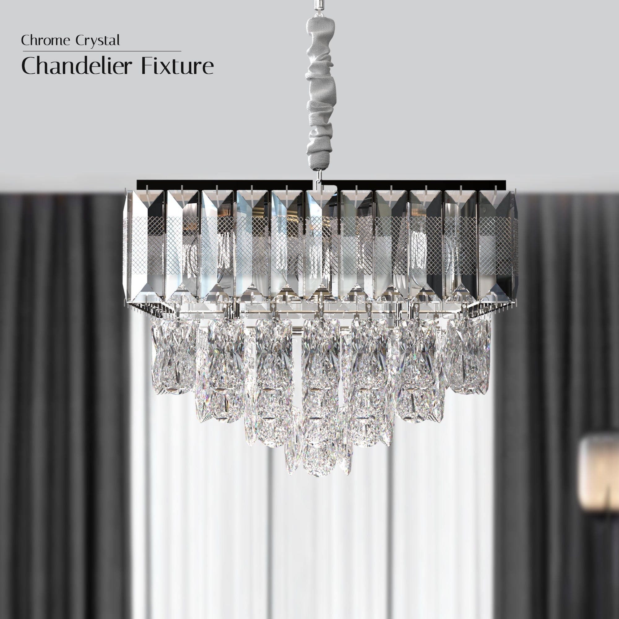 Modern Rectangular Crystal Chrome Droplet Ceiling Chandelier for Elegant Living Rooms