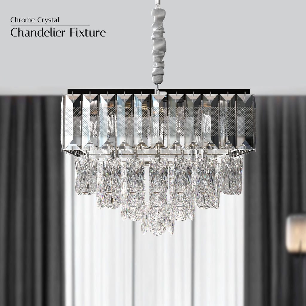 Modern Crystal Chrome Rectangular Droplet Ceiling Chandelier for Living Room