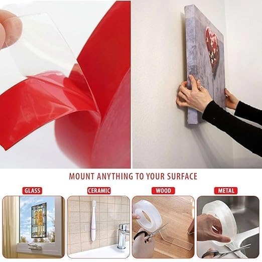 Clear Double-Sided Nano Grip Tape for Walls, Reusable, Residue-Free Mounting Solution