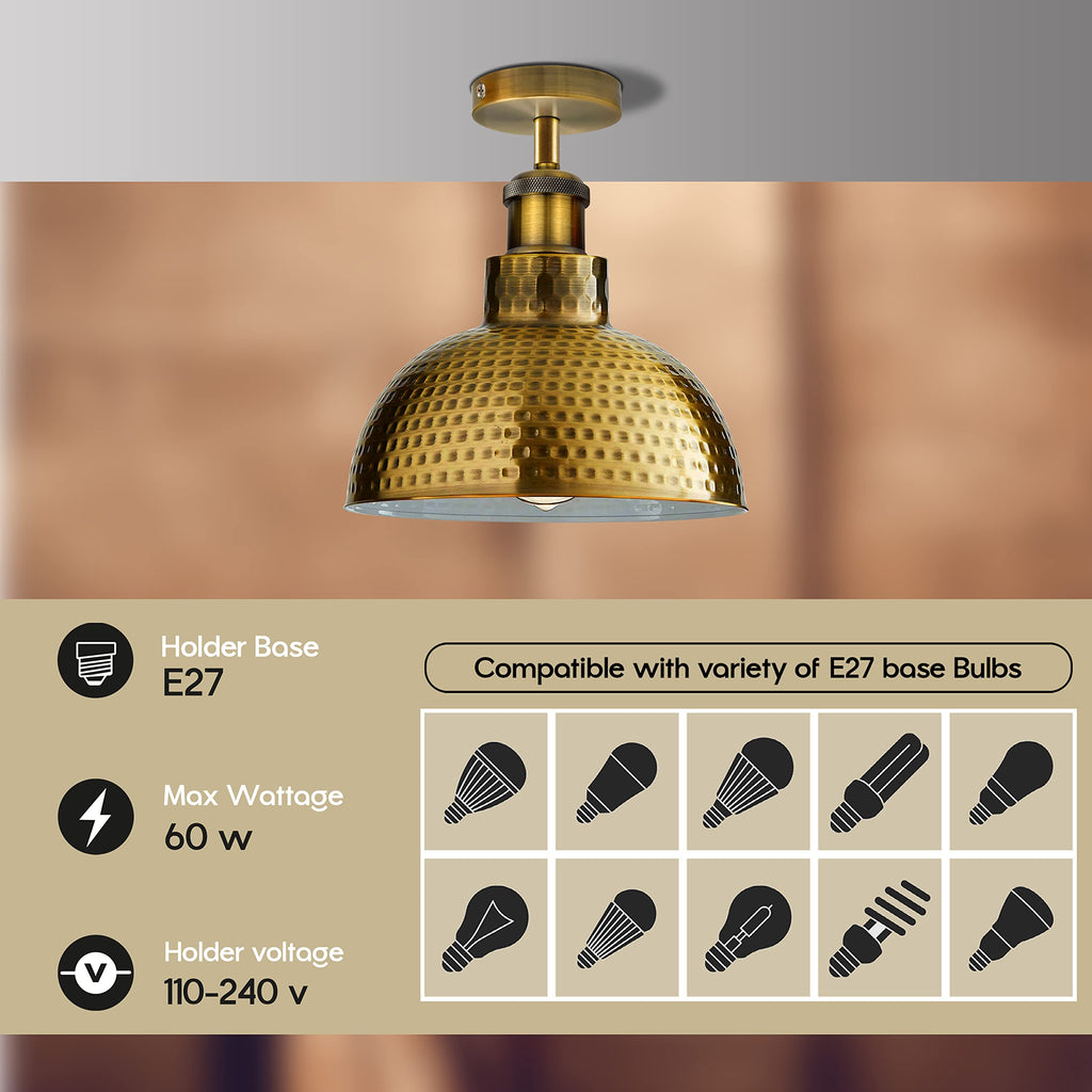 Industrial Modern Metal Dome Semi-Flush Ceiling Light E27 Base Fixture
