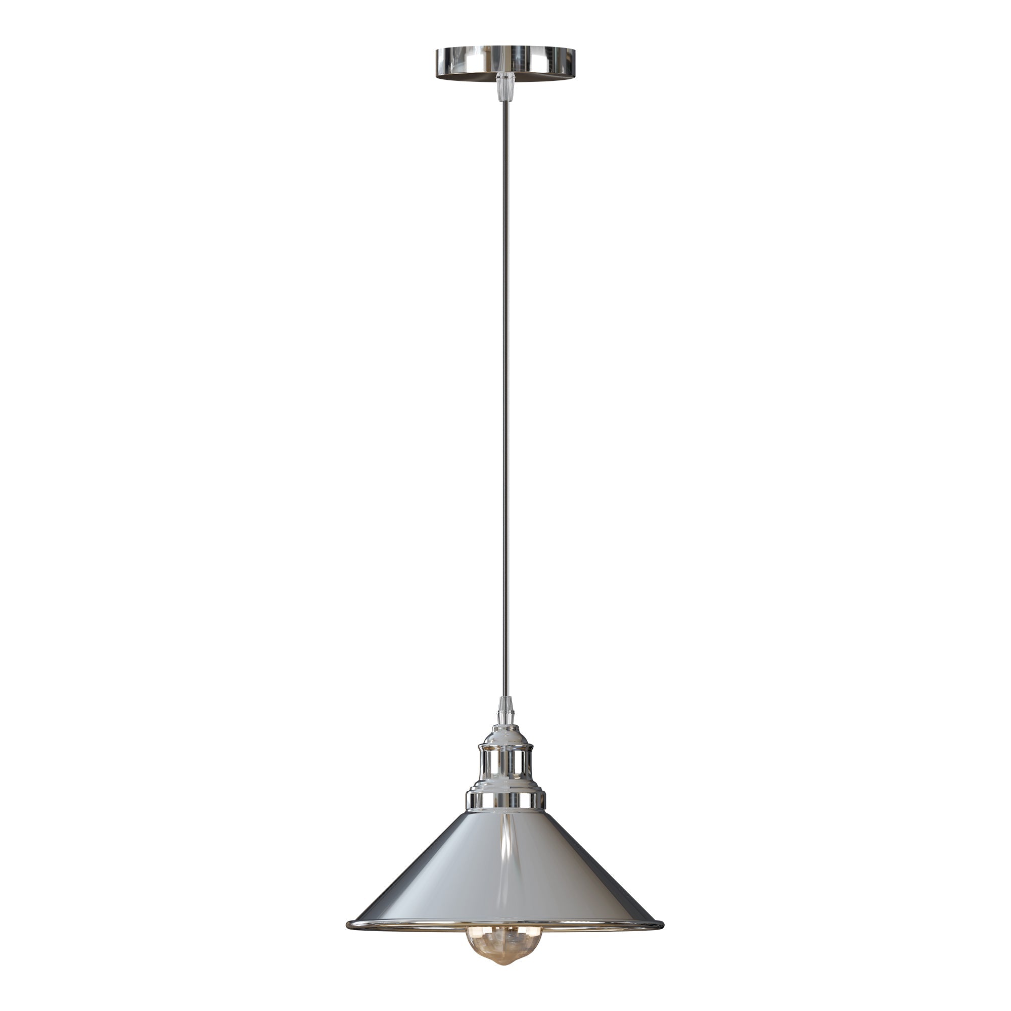 Modern Industrial Chrome Cone Pendant Light Fixture with Adjustable Height