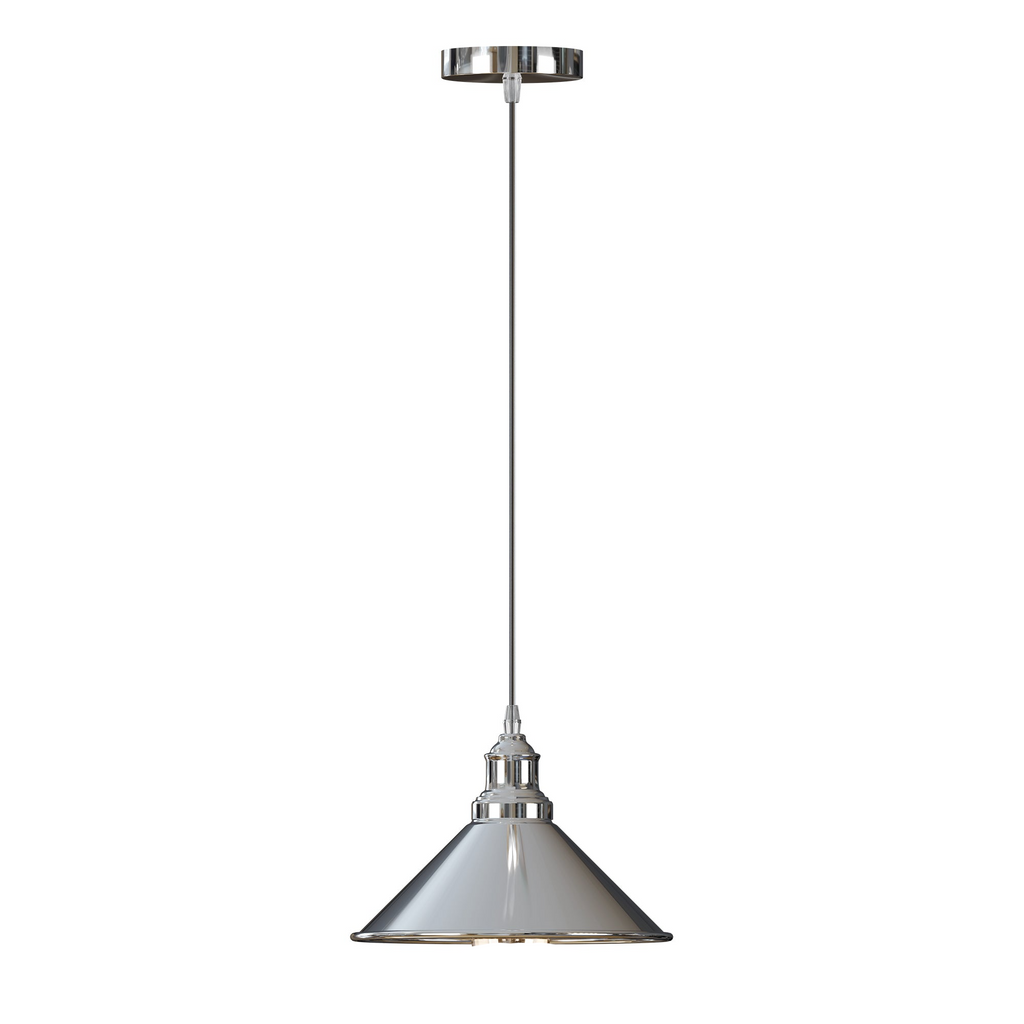 Modern Industrial Chrome Cone Pendant Light Fixture with Adjustable Height