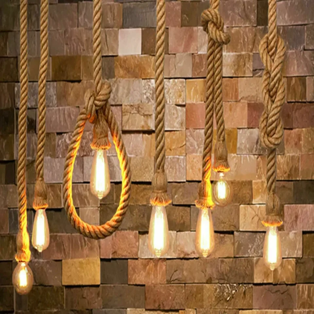 Vintage Hemp Rope Adjustable E27 Ceiling Pendant Light Fixture Rustic Style