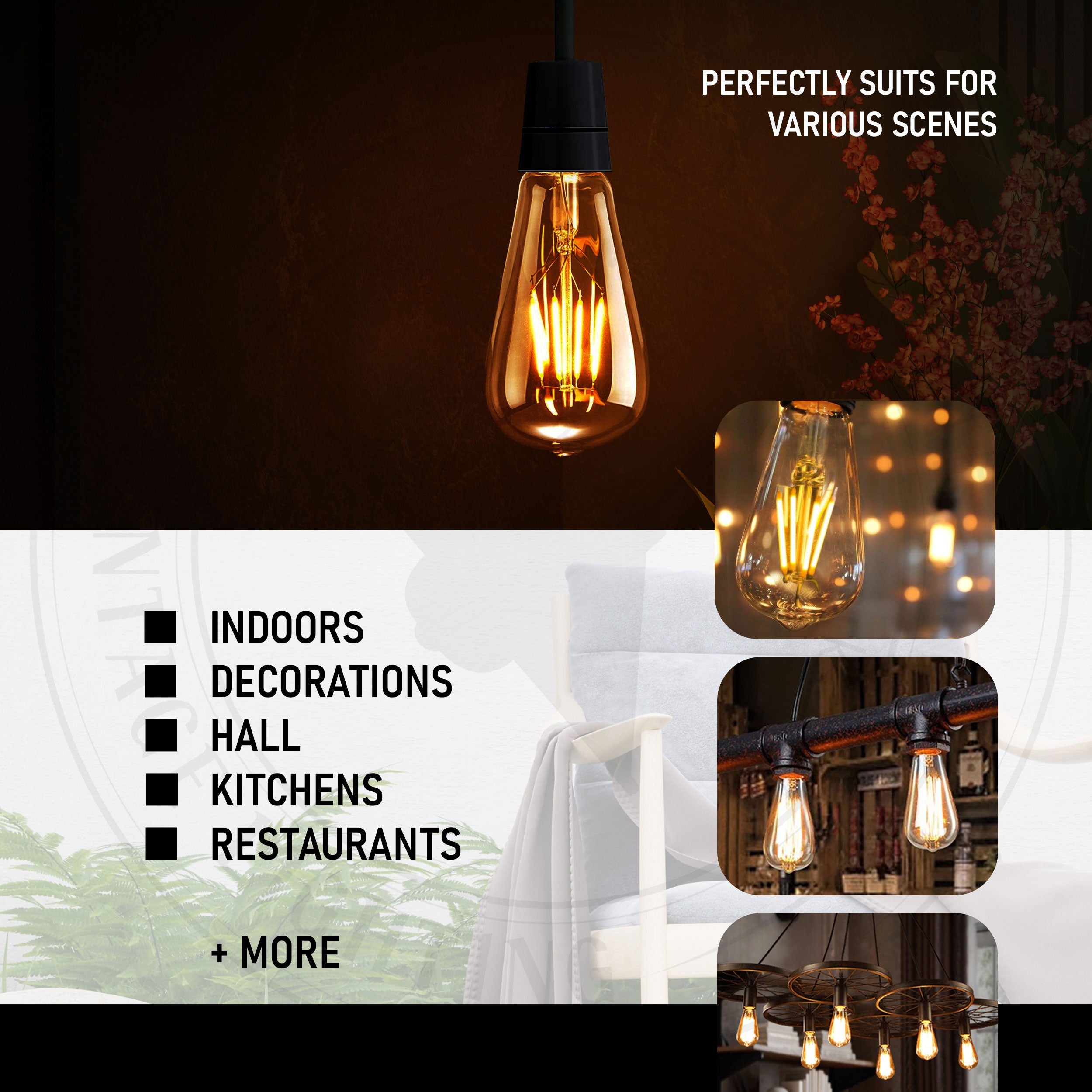 Dimmable ST64 B22 4W Edison Filament LED Light Bulbs Warm White Retro Style
