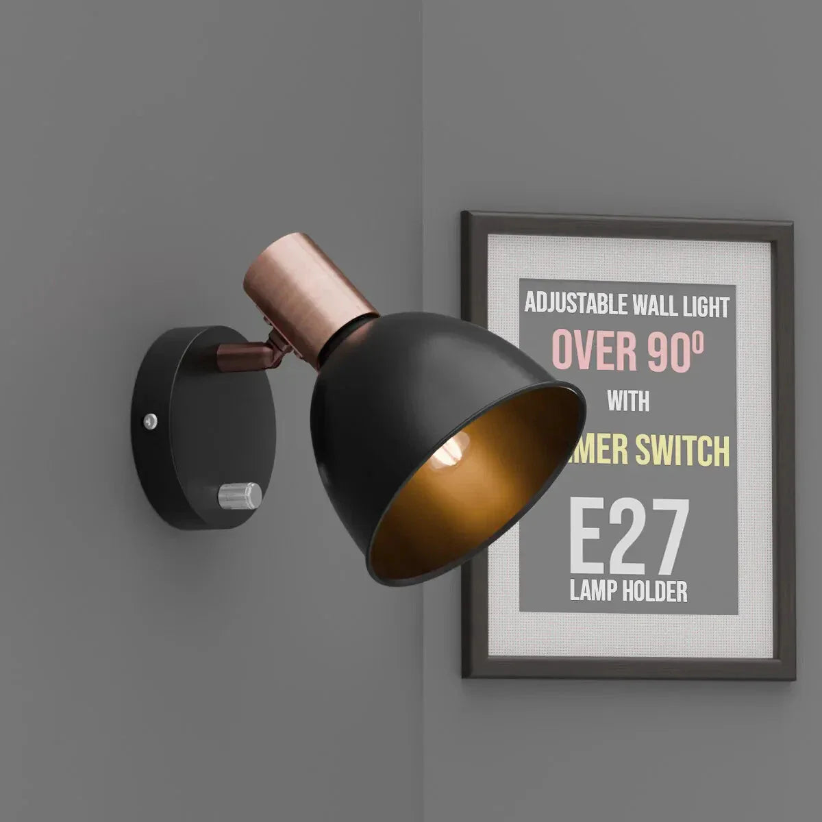 Adjustable Metal Wall Light with Dimmer Switch, Rotatable Arm, Industrial Style