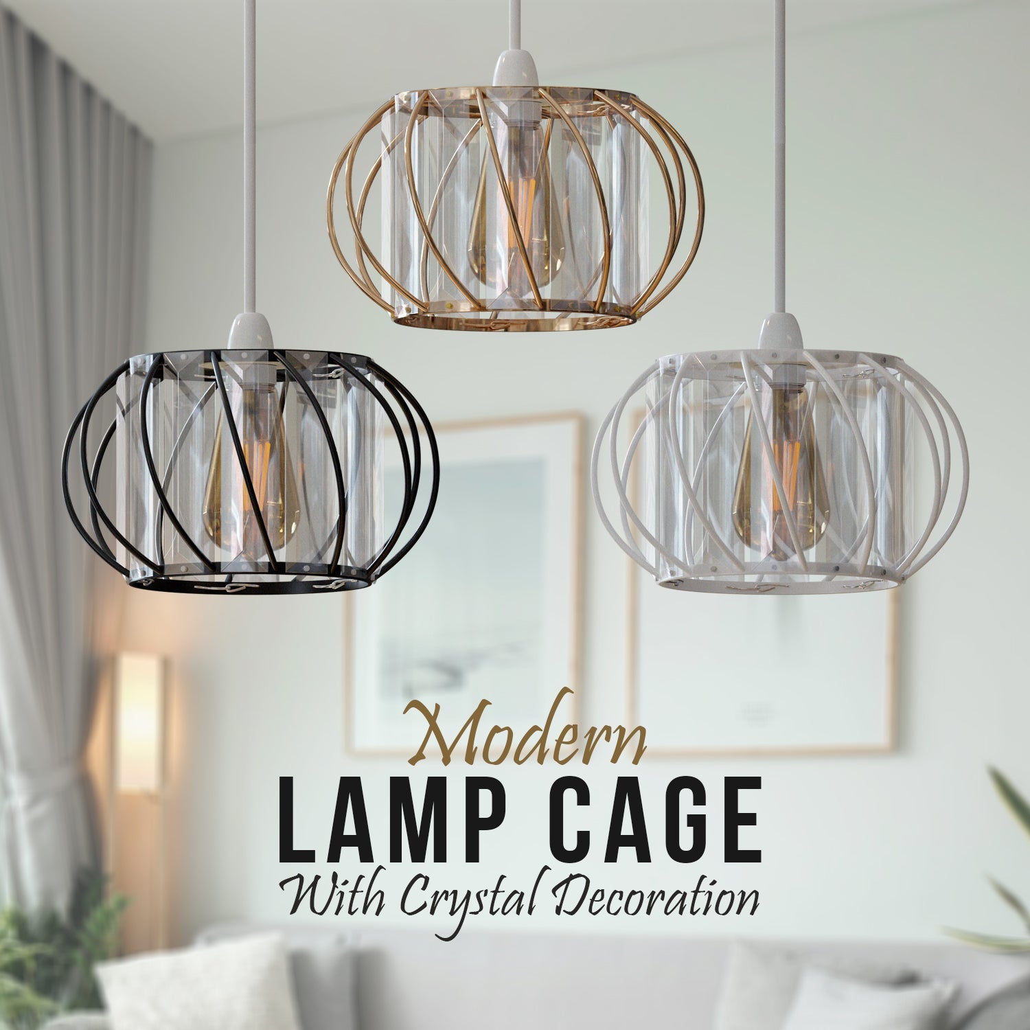 Elegant Modern Crystal Glass & Metal Cage Ceiling Pendant Light Shade