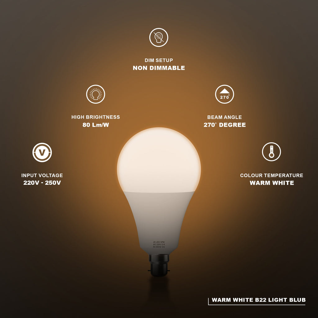 Bright Warm White B22 Bayonet LED Bulb - 25W Energy Saving Light