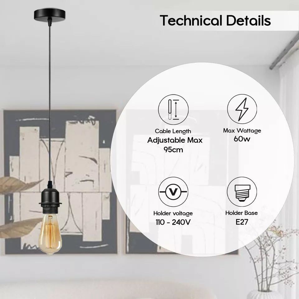 Vintage Industrial E27 Pendant Lamp Holder Kit, Adjustable Ceiling Light