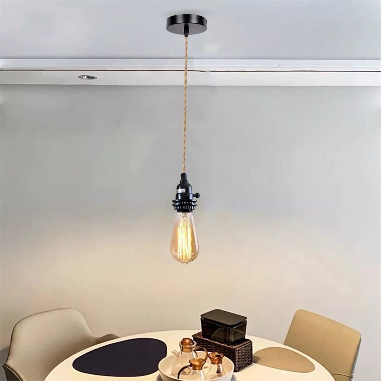 Vintage E27 Pendant Light Kit with Hemp Fabric Cord On/Off Switch