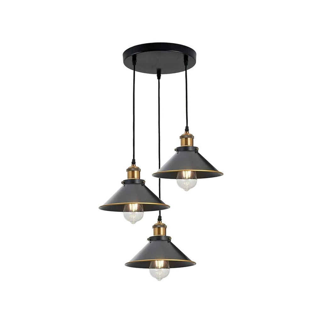 Vintage Industrial Three Head Pendant Light Fixture, Flat Cone Shade, Adjustable