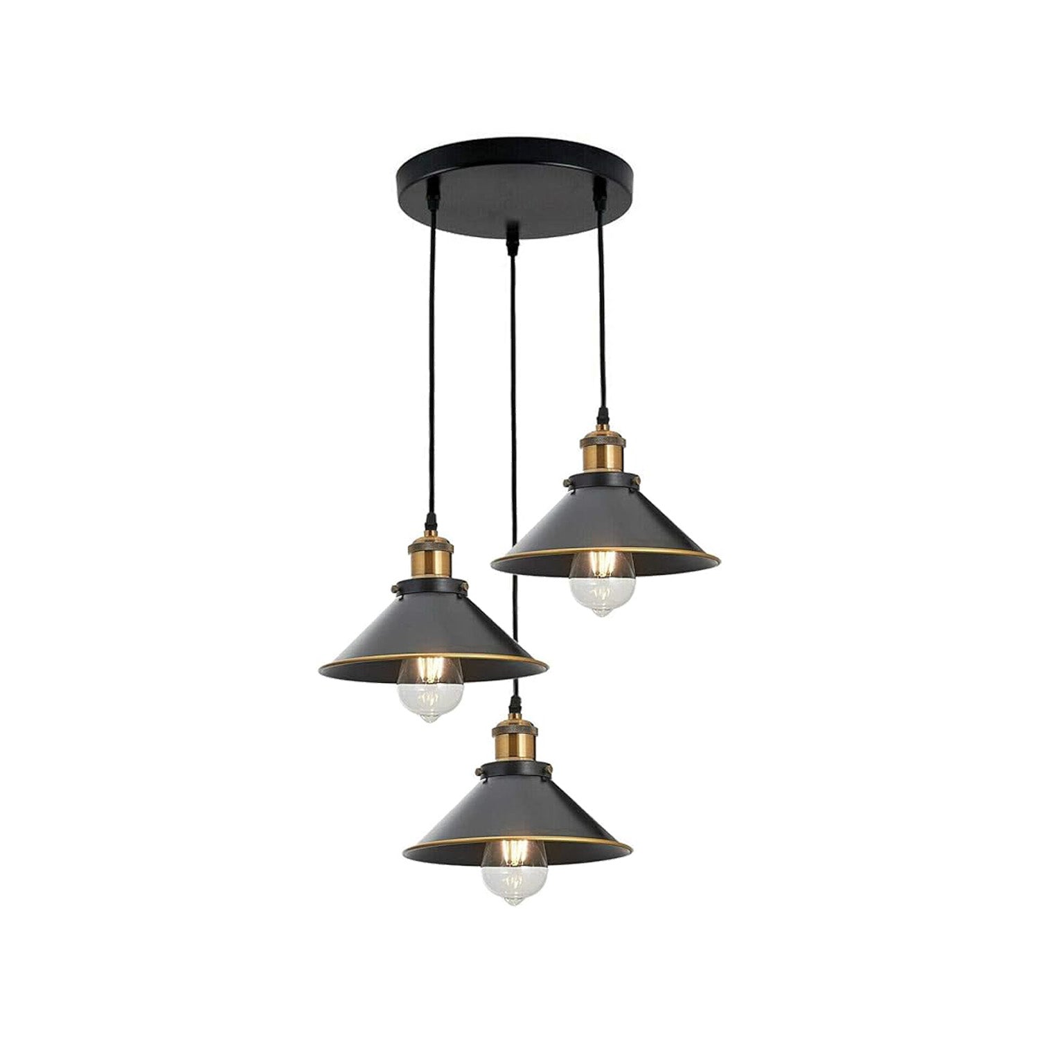 Vintage Industrial Three Head Pendant Light Fixture, Flat Cone Shade, Adjustable