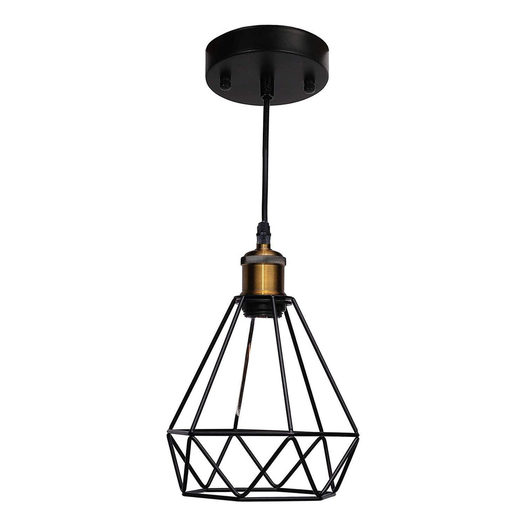 Modern Industrial Black Metal Diamond Cage Pendant Light Fixture, E27 Base, Ceiling Hanging