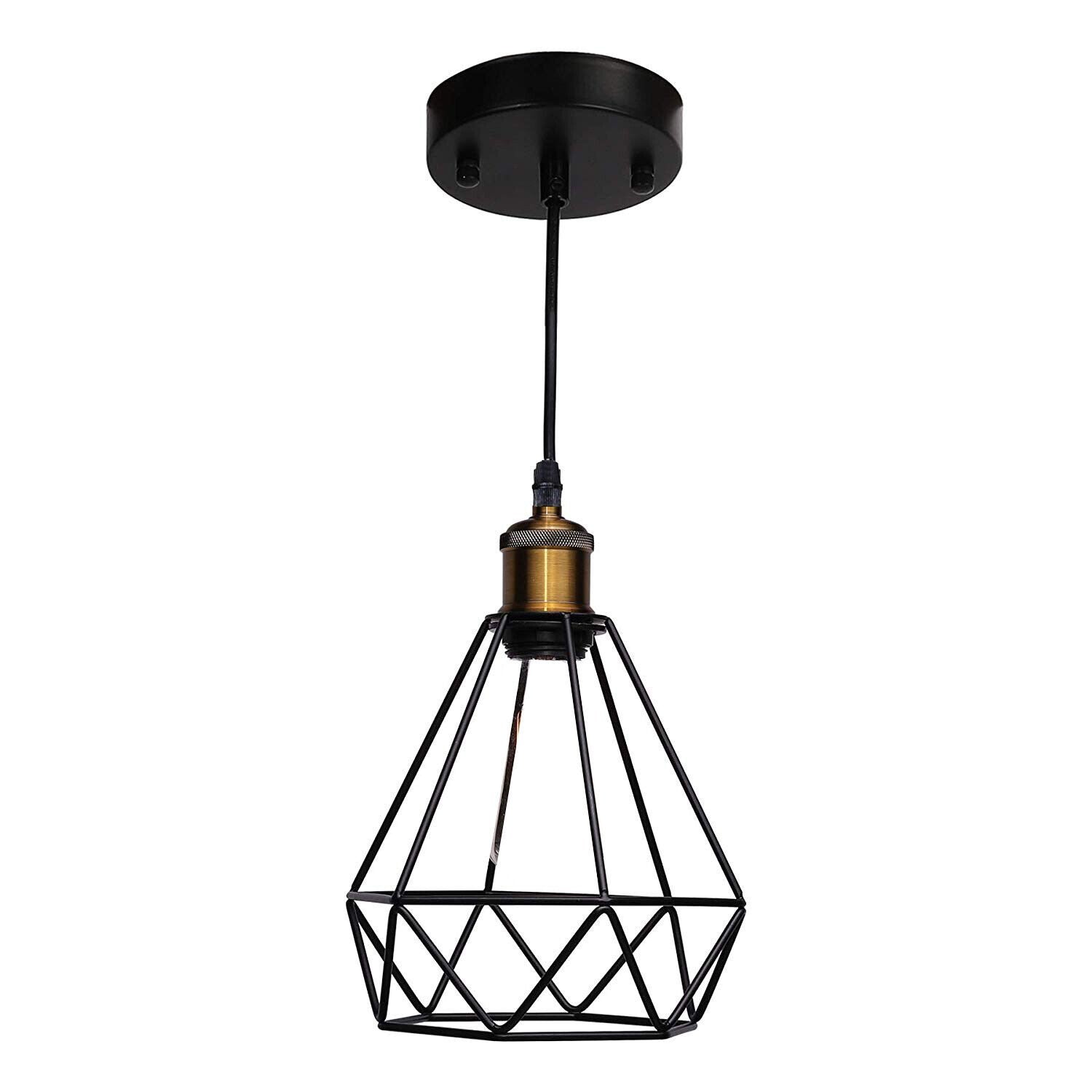 Modern Industrial Black Metal Diamond Cage Pendant Light Fixture, E27 Base, Ceiling Hanging