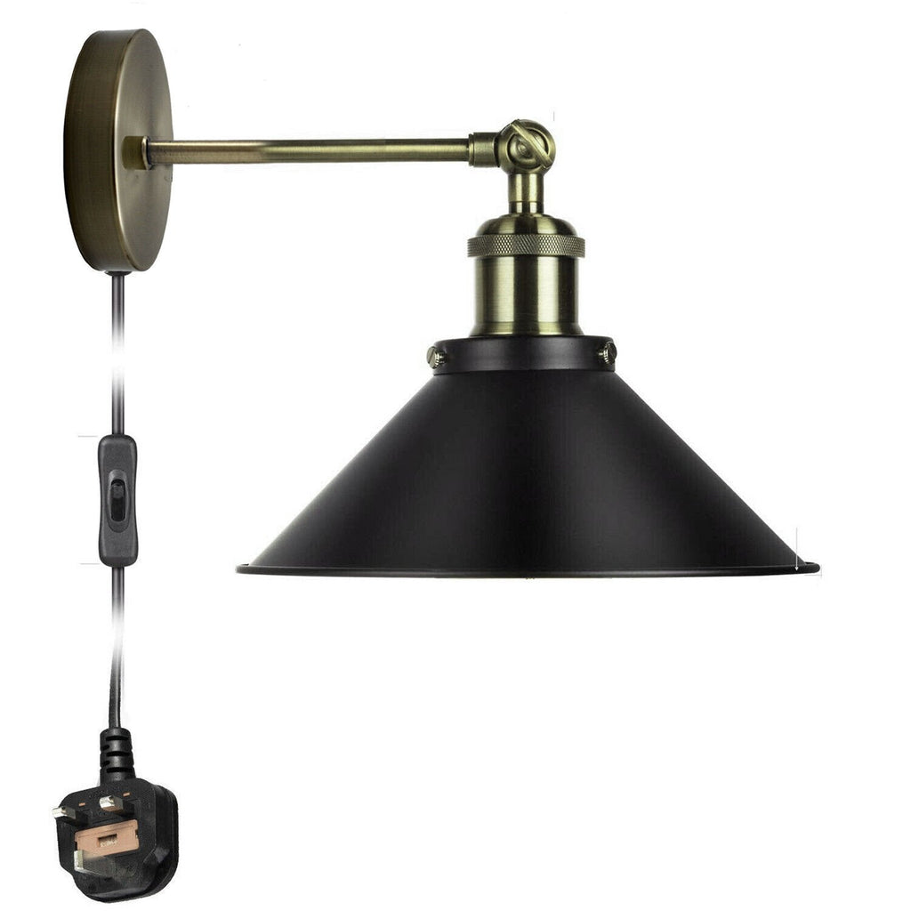 Dimmable Plug-in Industrial Wall Sconce with Vintage Black Metal Shade