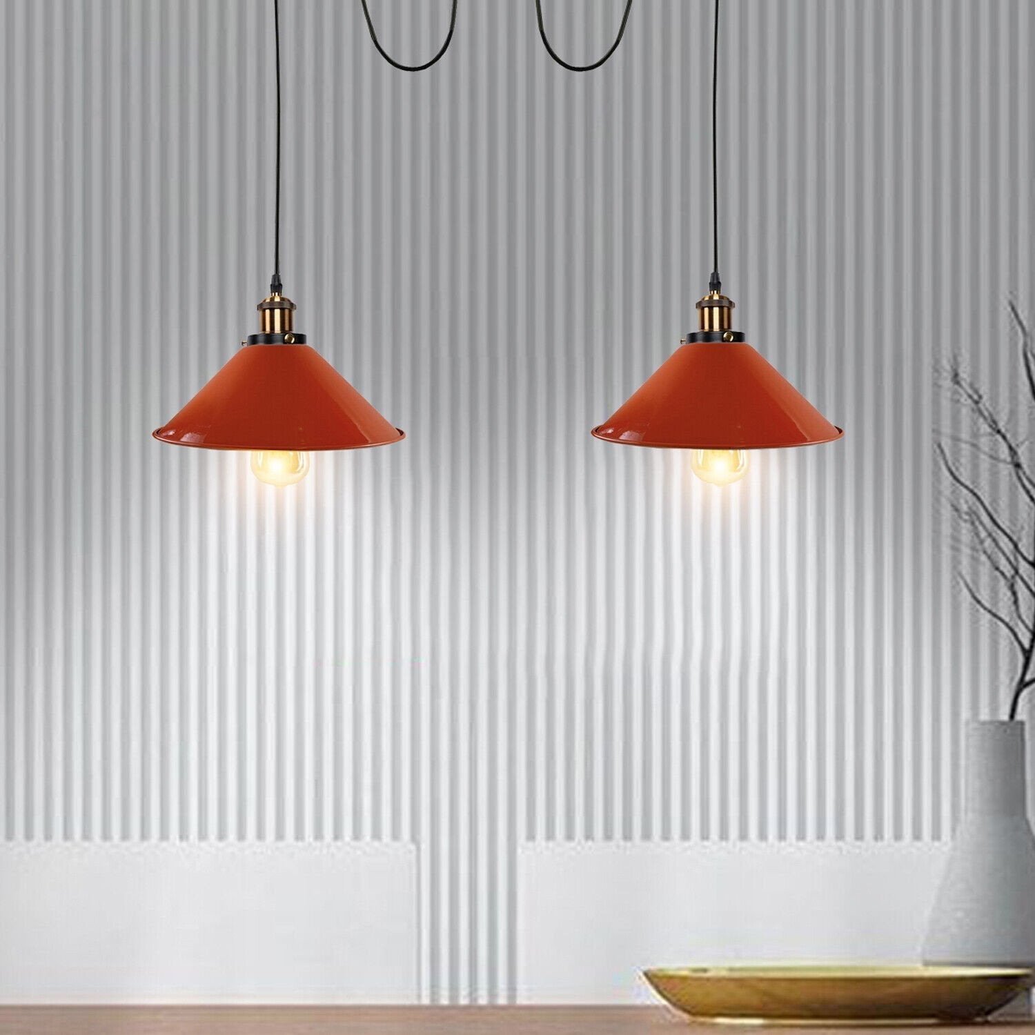 Industrial Retro Dual Metal Cone Pendant Light Fixture, E27 Bulb Base