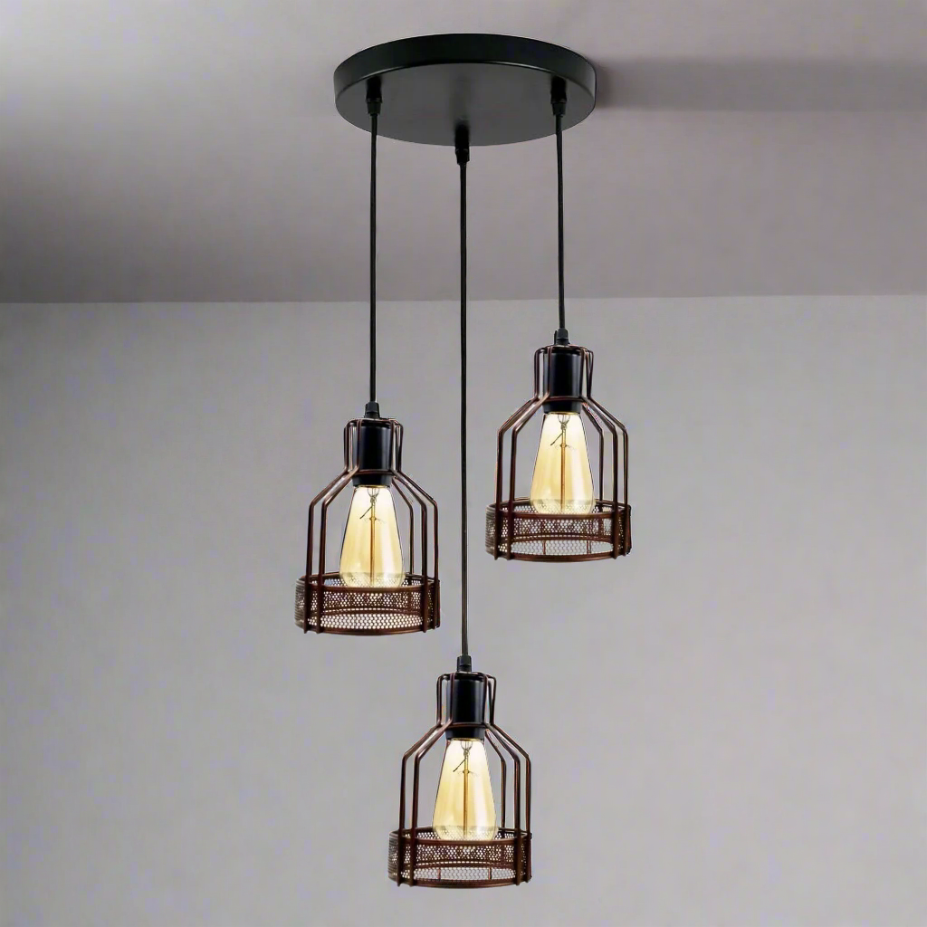 Vintage Industrial 3-Head Metal Cage Pendant Light Chandelier - E27 Base