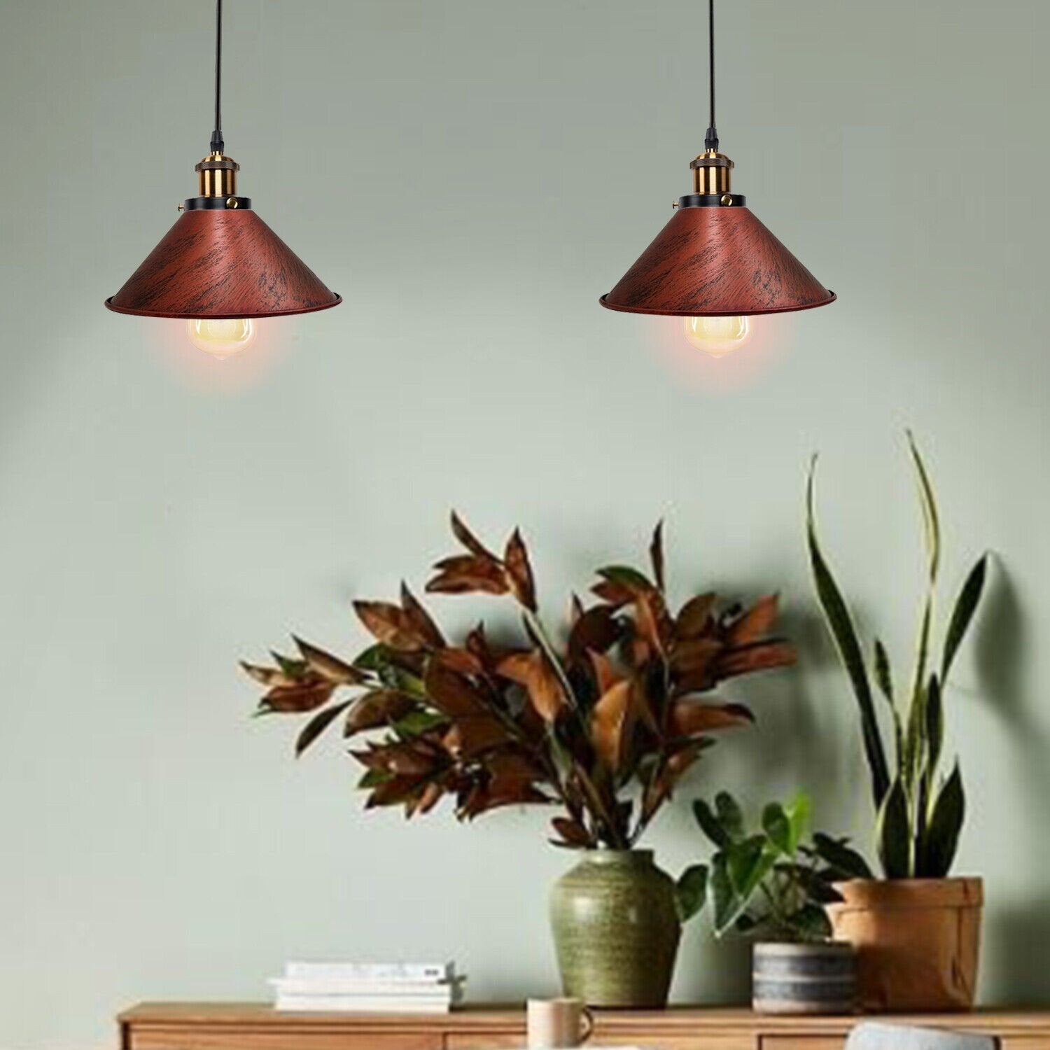 Industrial Retro Dual Metal Cone Pendant Light Fixture, E27 Bulb Base
