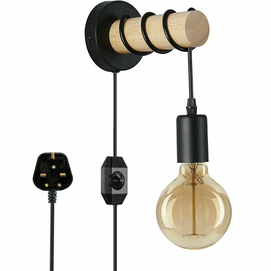 Modern Industrial Plug-in Wood Wall Lamp Fixture – Elegant Home Lighting