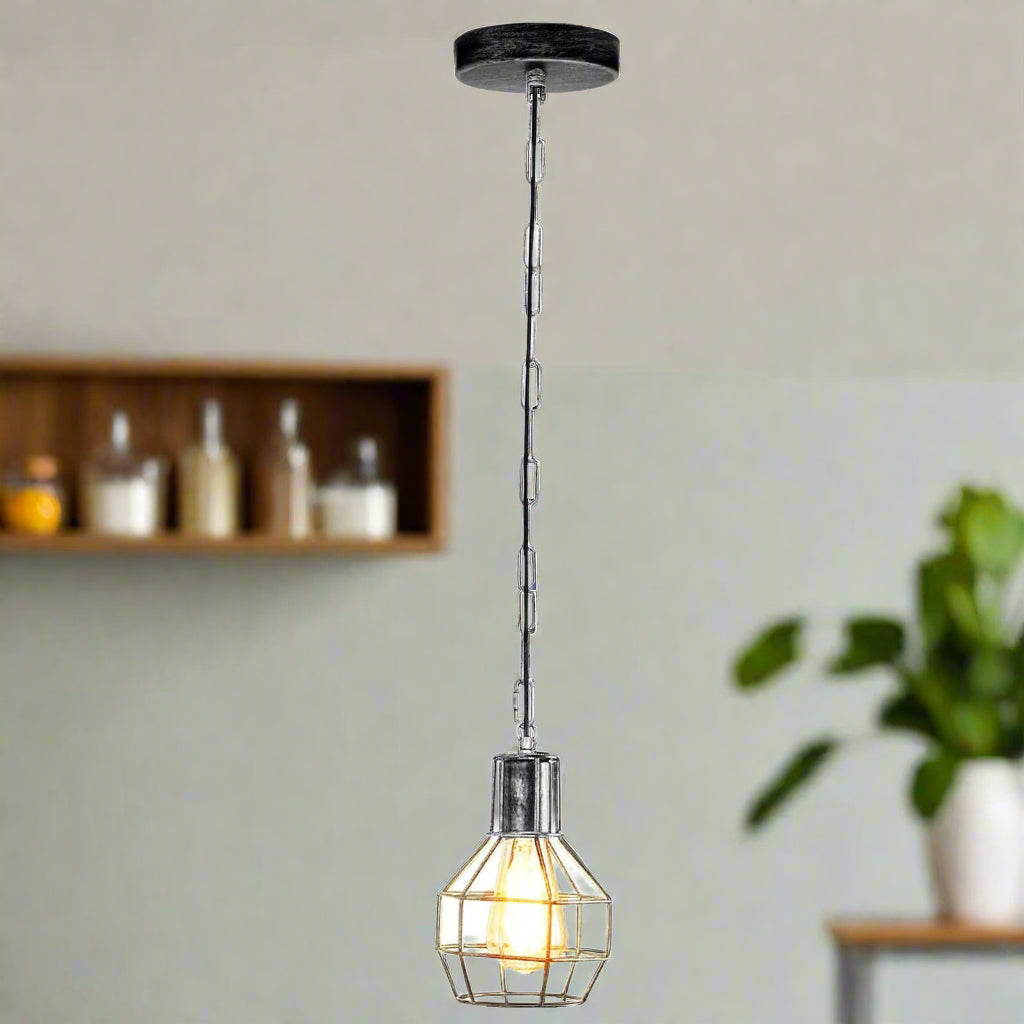 Brushed Silver Vintage Industrial Metal Wire Cage Pendant Lamp E27