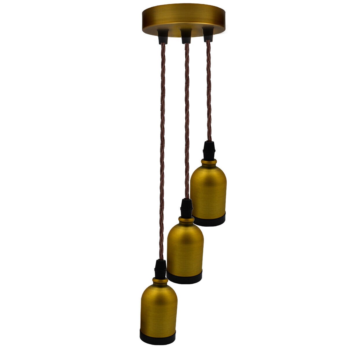 Industrial Retro 3-Head Ceiling Pendant Light Fixture, E27 Fabric Cord, Yellow Brass Finish