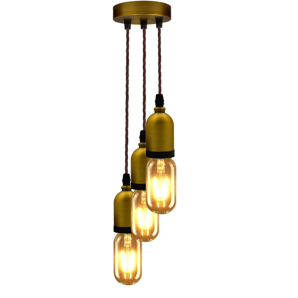 Industrial Retro 3-Head Ceiling Pendant Light Fixture, E27 Fabric Cord, Yellow Brass Finish