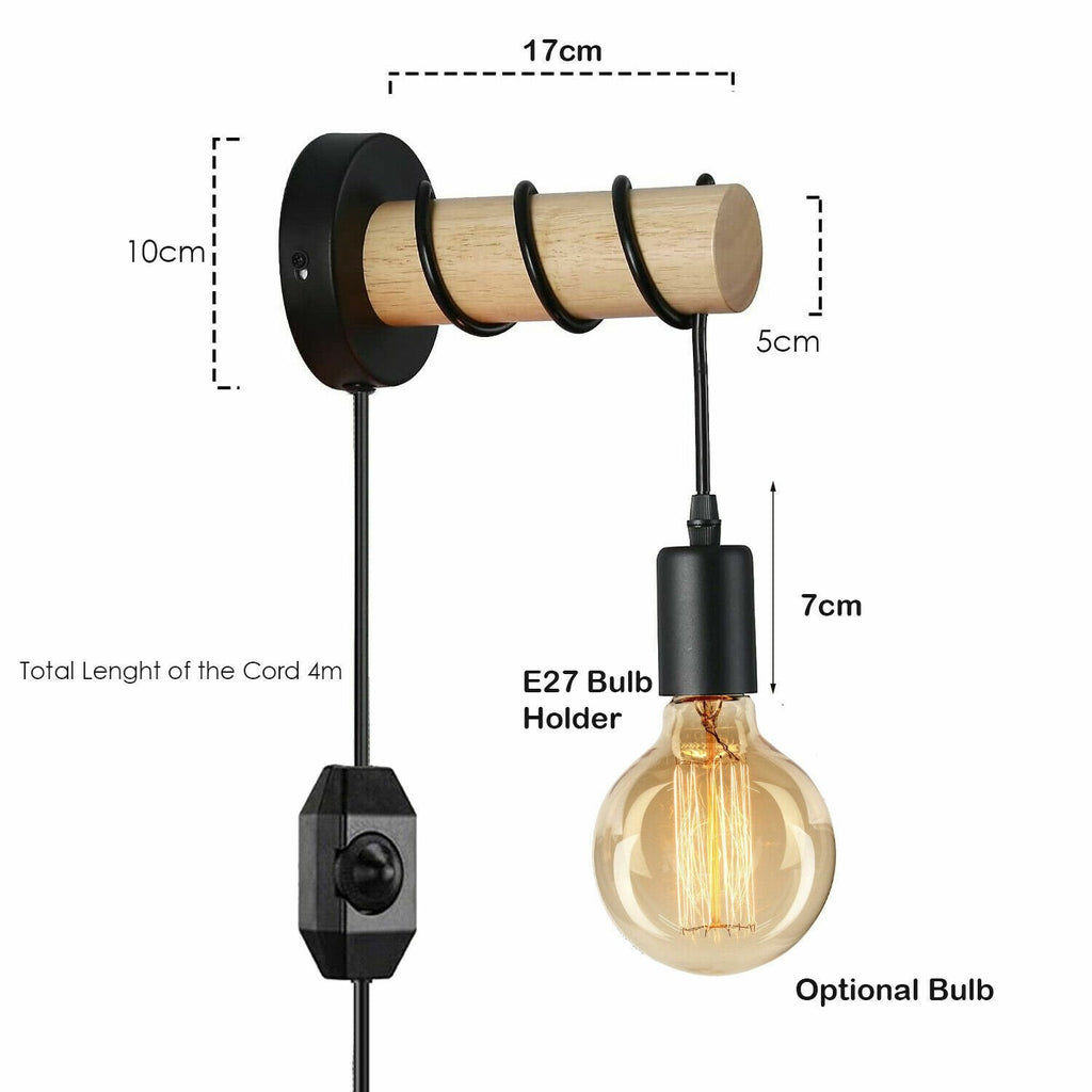 Modern Wall Light Industrial Plug in Wood Wall Lamp Fixture ~ 6031