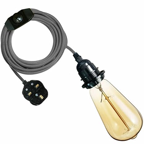 Vintage E27 Dimmable Fabric Plug-in Pendant Light Holder with Free Bulb