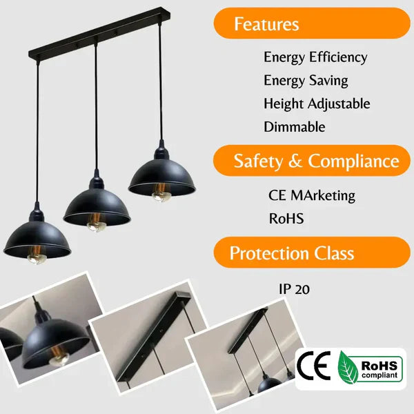 Modern Industrial 3-Light Black Dome Pendant Fixture, Adjustable Ceiling Hanging Light