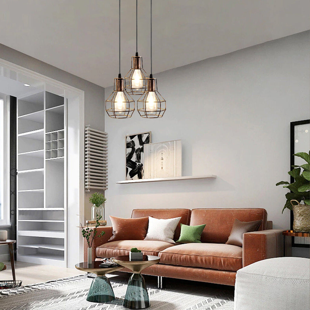 Industrial Retro 3-Light Hanging Cage Pendant Fixture, Adjustable Metal Design