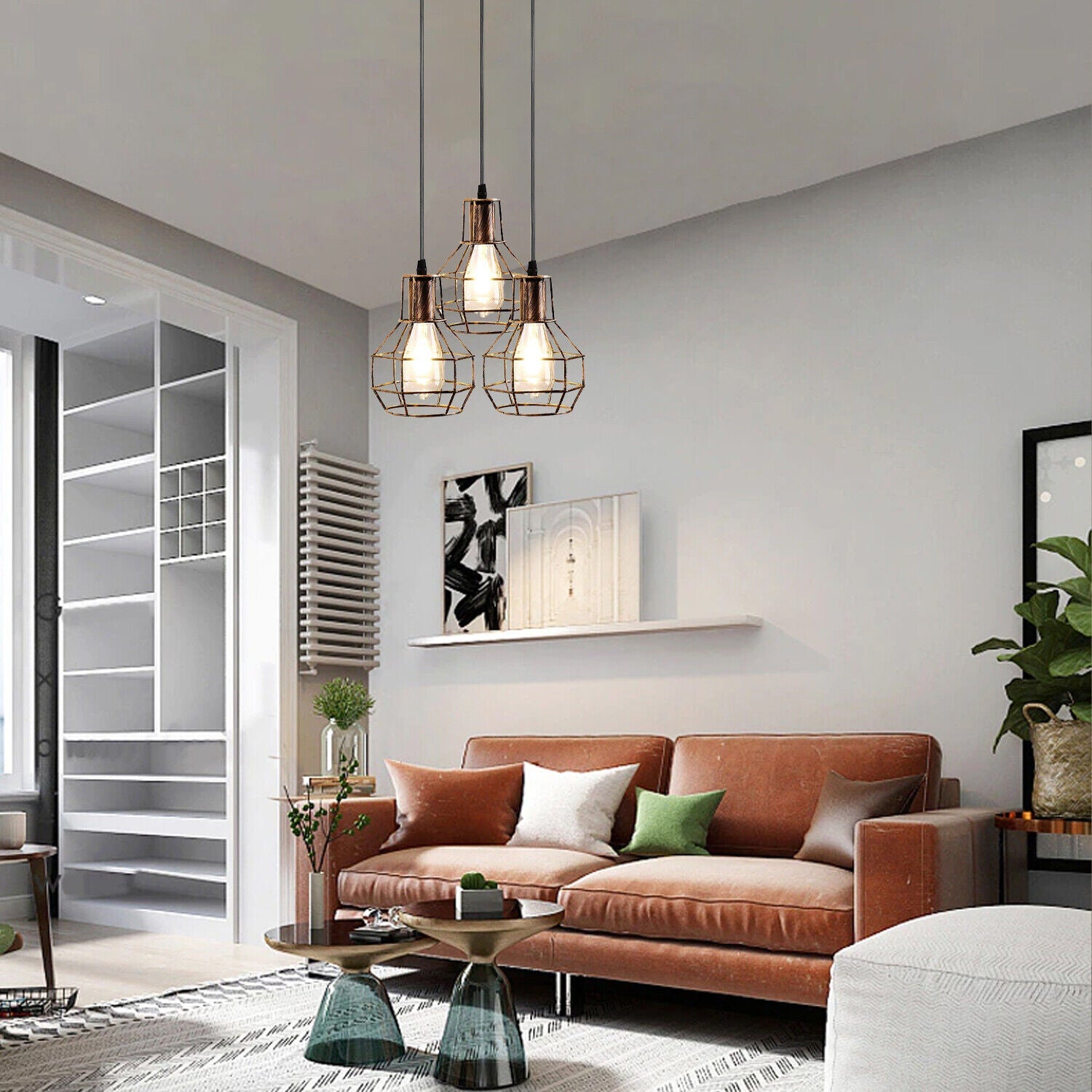 Industrial 3-Light Vintage Metal Cage Pendant Hanging Ceiling Lamp