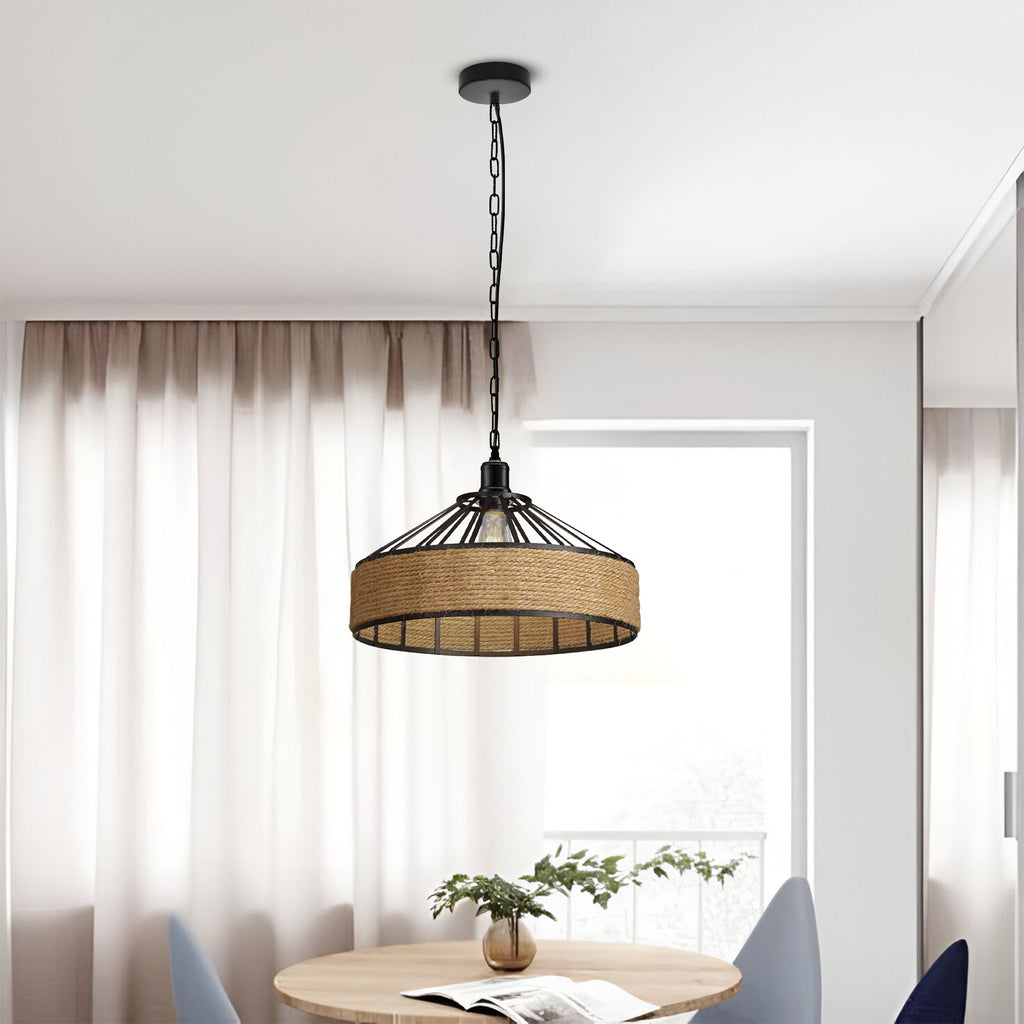 Chic Hemp Rope Pendant Light: Metal Cage, Adjustable Height, Rustic Farmhouse Style