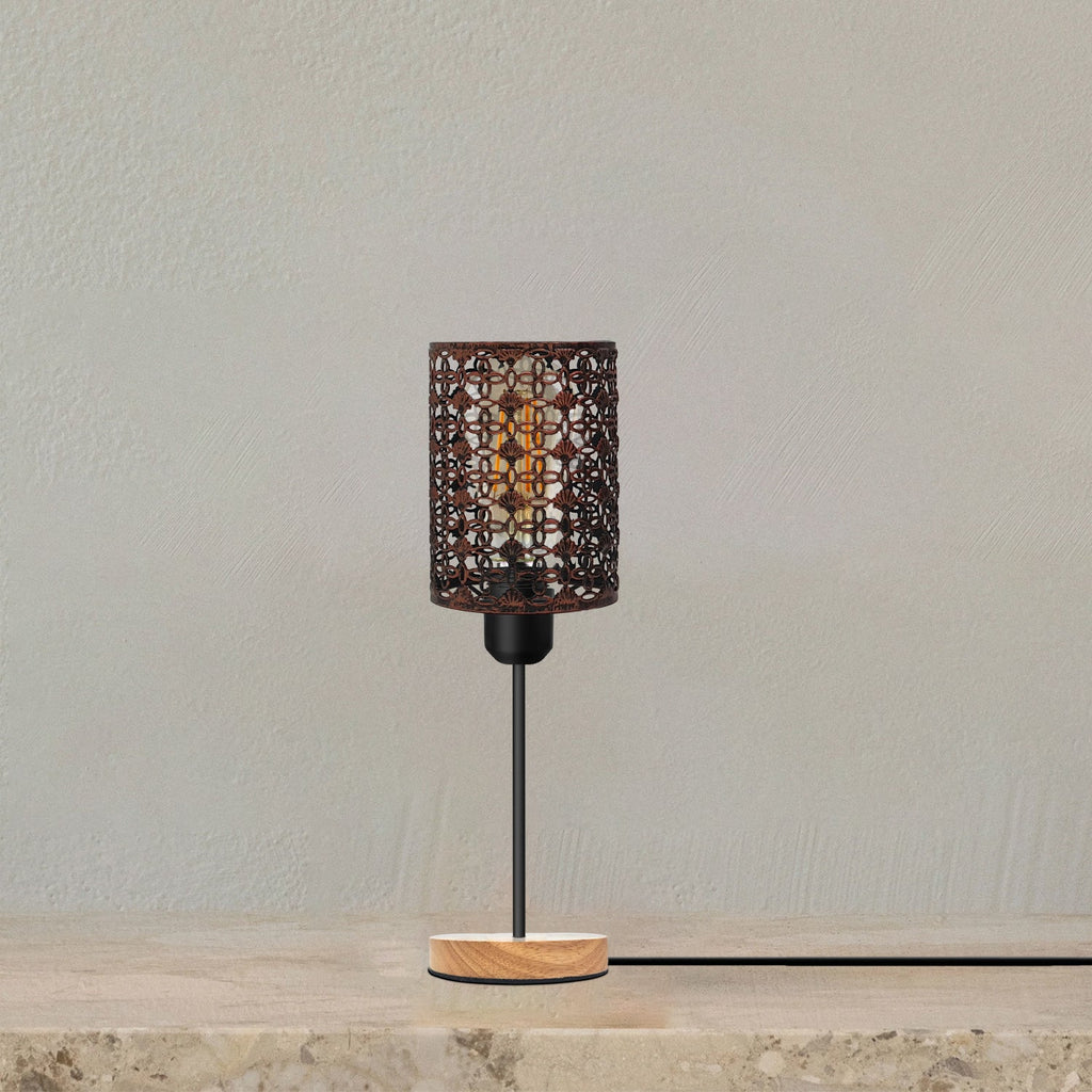 Industrial Metal Wire Cage Table Lamp with Natural Wood Base