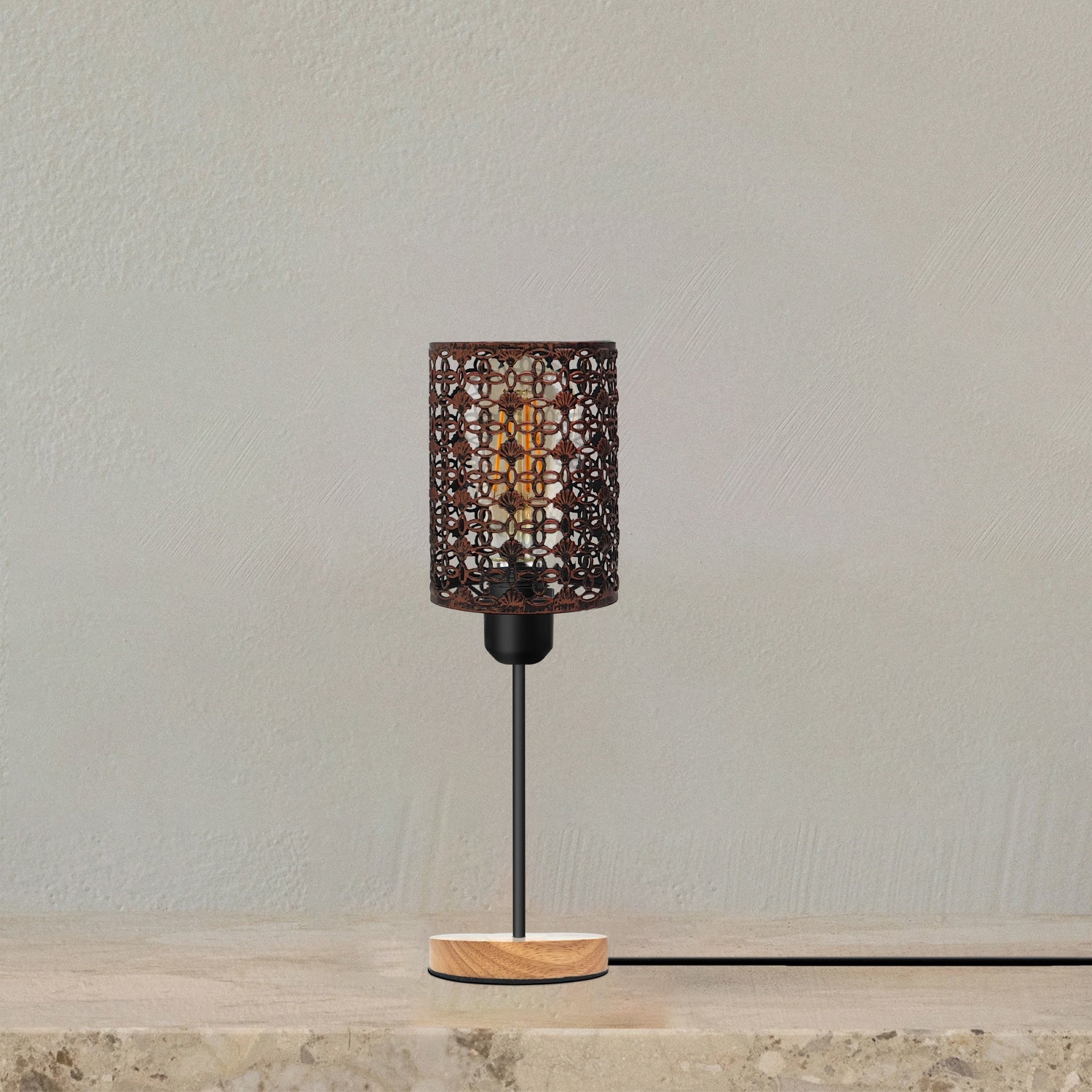 Industrial Metal Wire Cage Table Lamp with Natural Wood Base