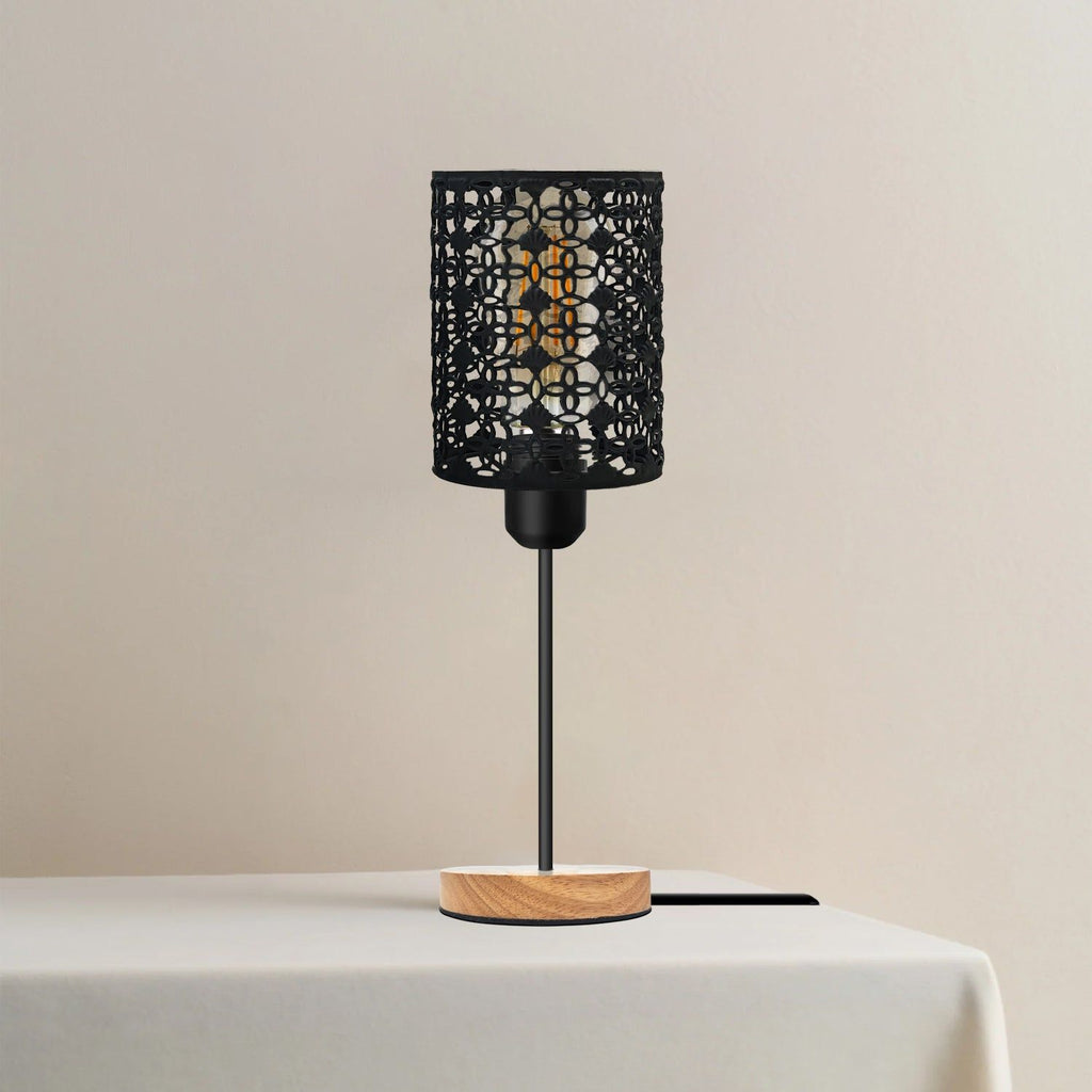 Industrial Metal Wire Cage Table Lamp with Natural Wood Base