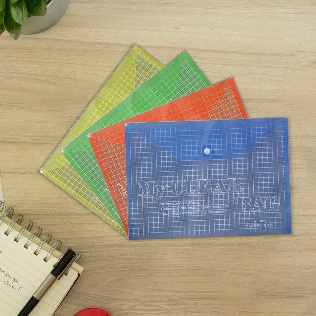 A4 Plastic Waterproof Document Holder File Bag Snap Button Closure Multi-Color