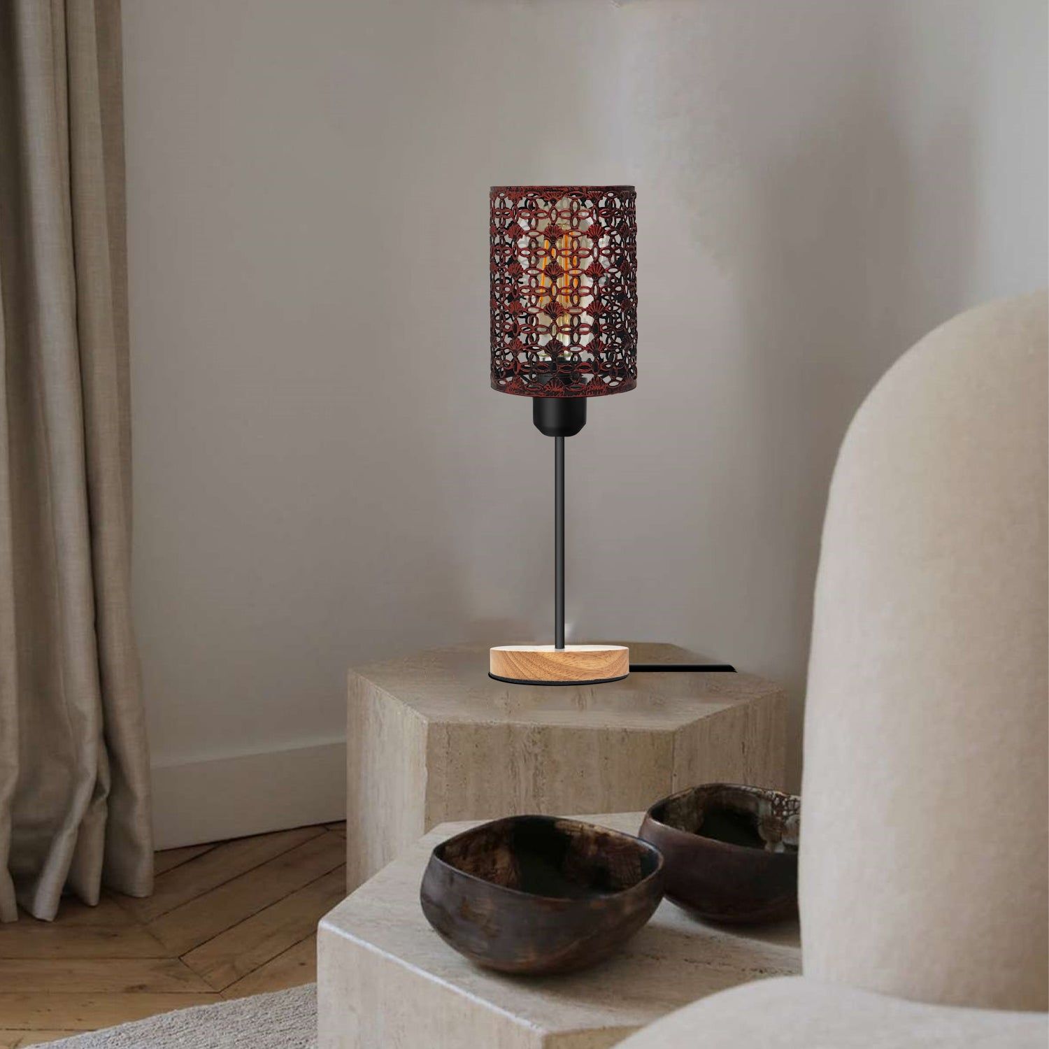 Industrial Metal Wire Cage Table Lamp with Natural Wood Base