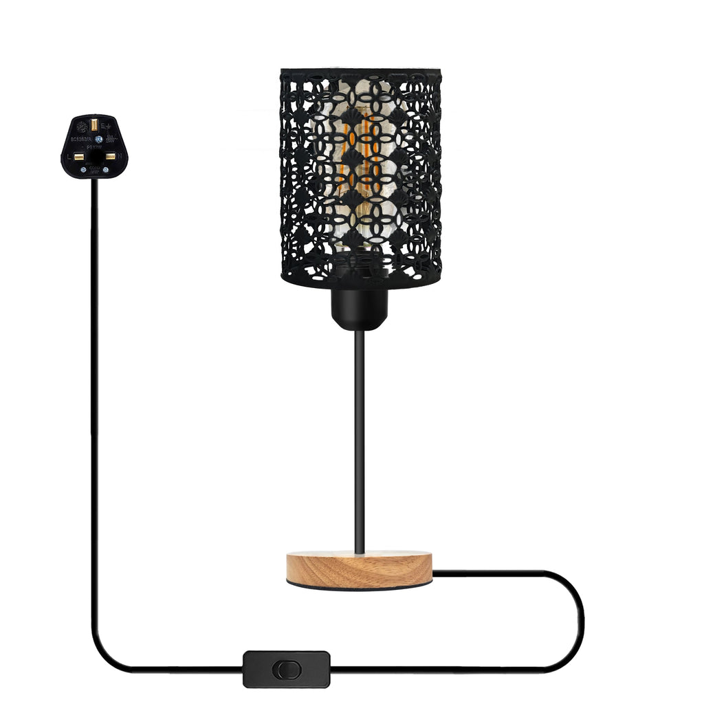 Industrial Metal Wire Cage Table Lamp with Natural Wood Base
