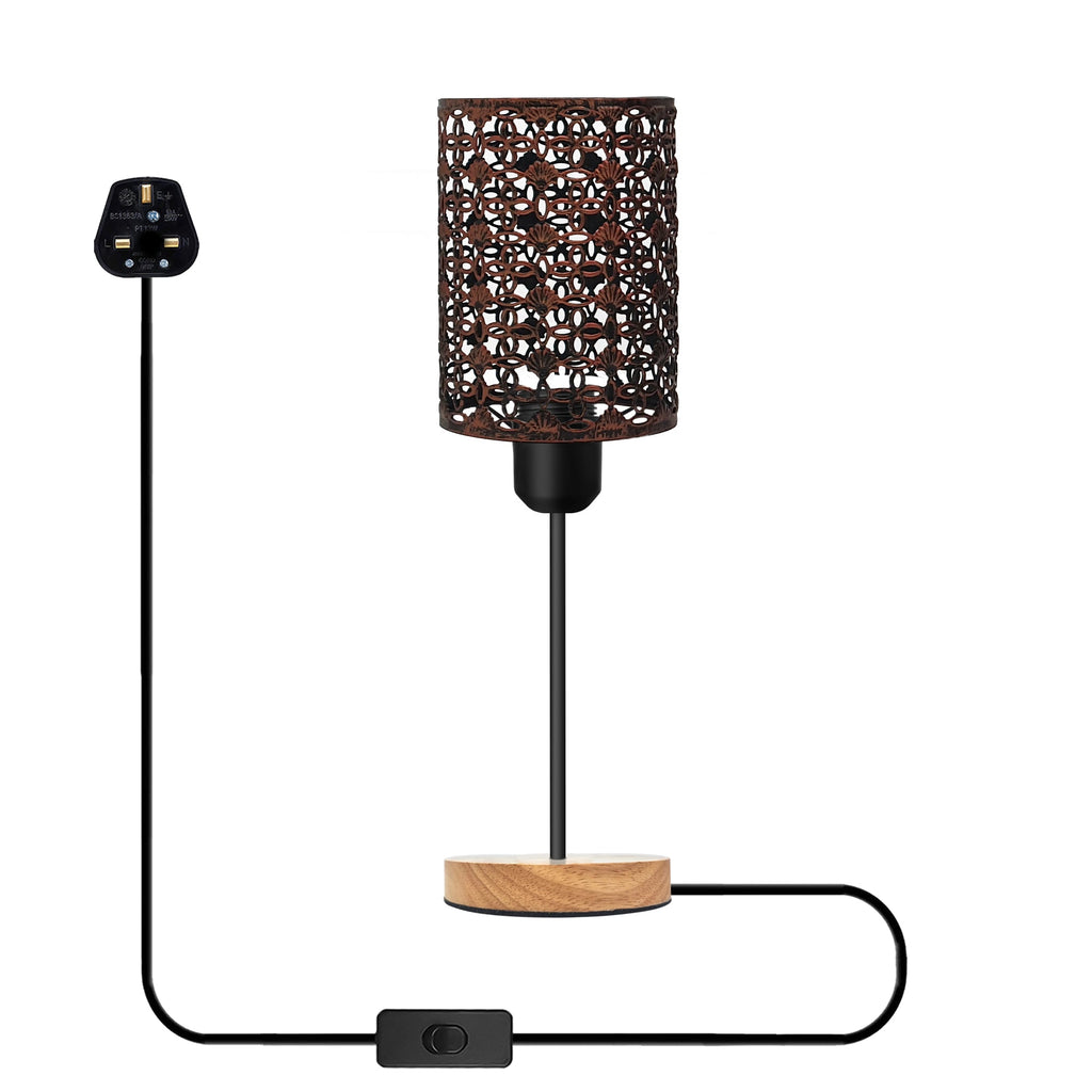 Industrial Metal Wire Cage Table Lamp with Natural Wood Base