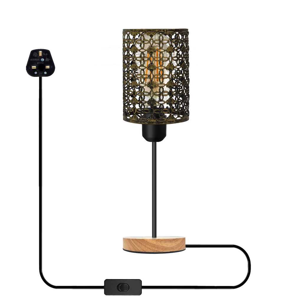 Industrial Metal Wire Cage Table Lamp with Natural Wood Base