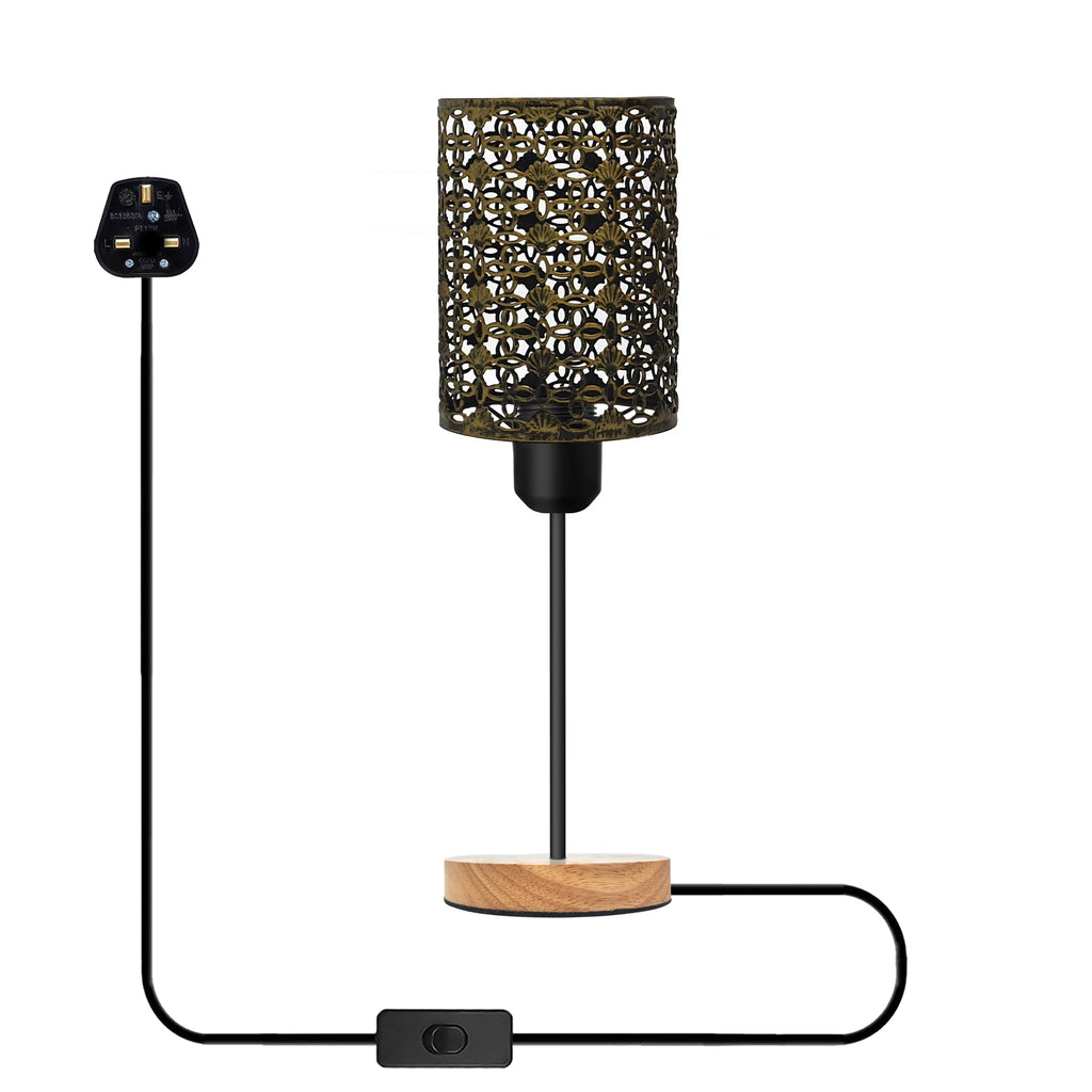 Industrial Metal Wire Cage Table Lamp with Natural Wood Base