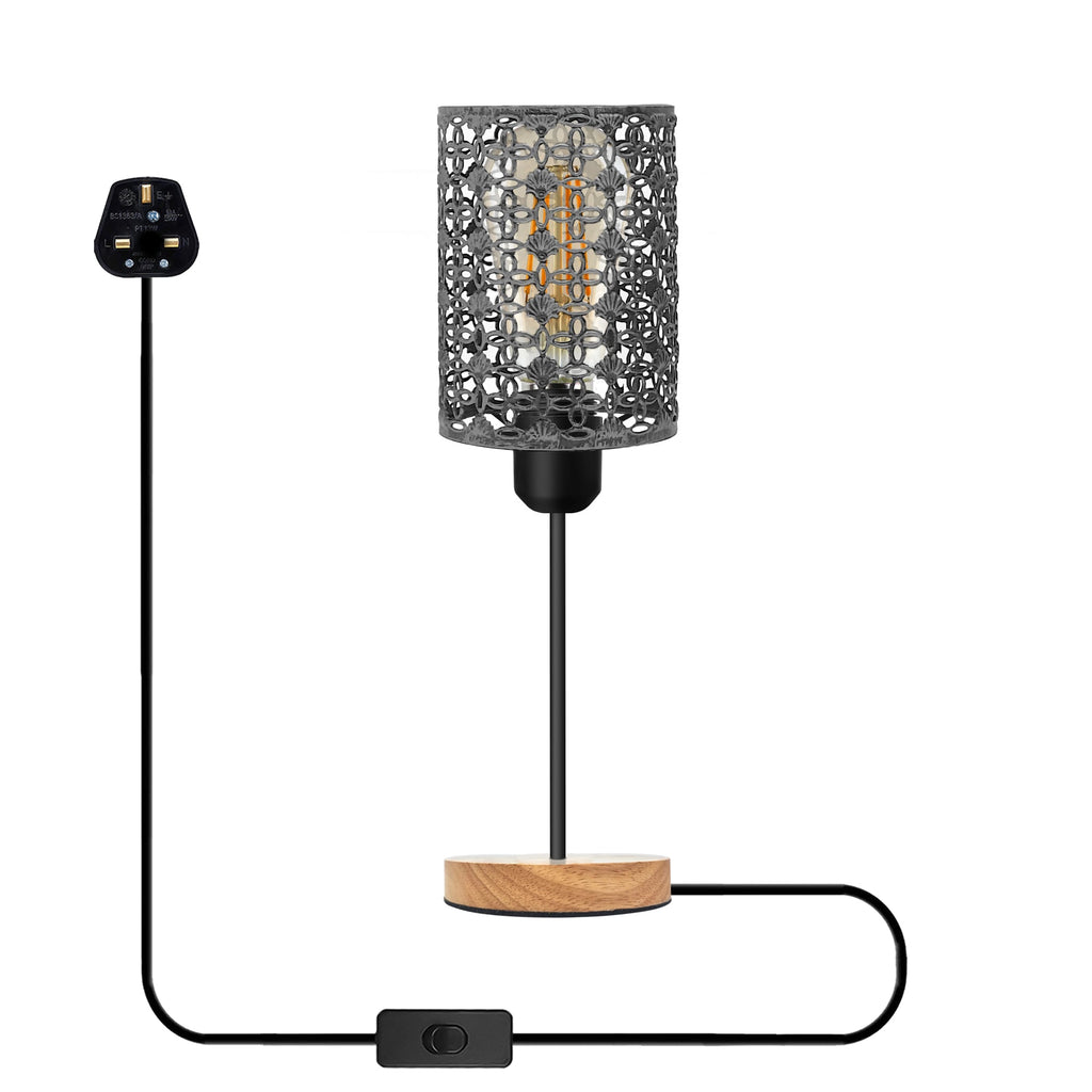 Industrial Metal Wire Cage Table Lamp with Natural Wood Base