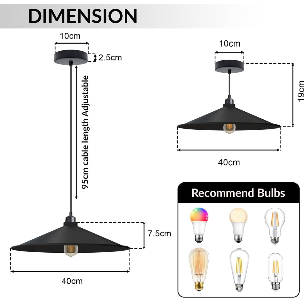 Retro Flat Cone Metal Pendant Light Fixture, Adjustable Cable, E27 Socket