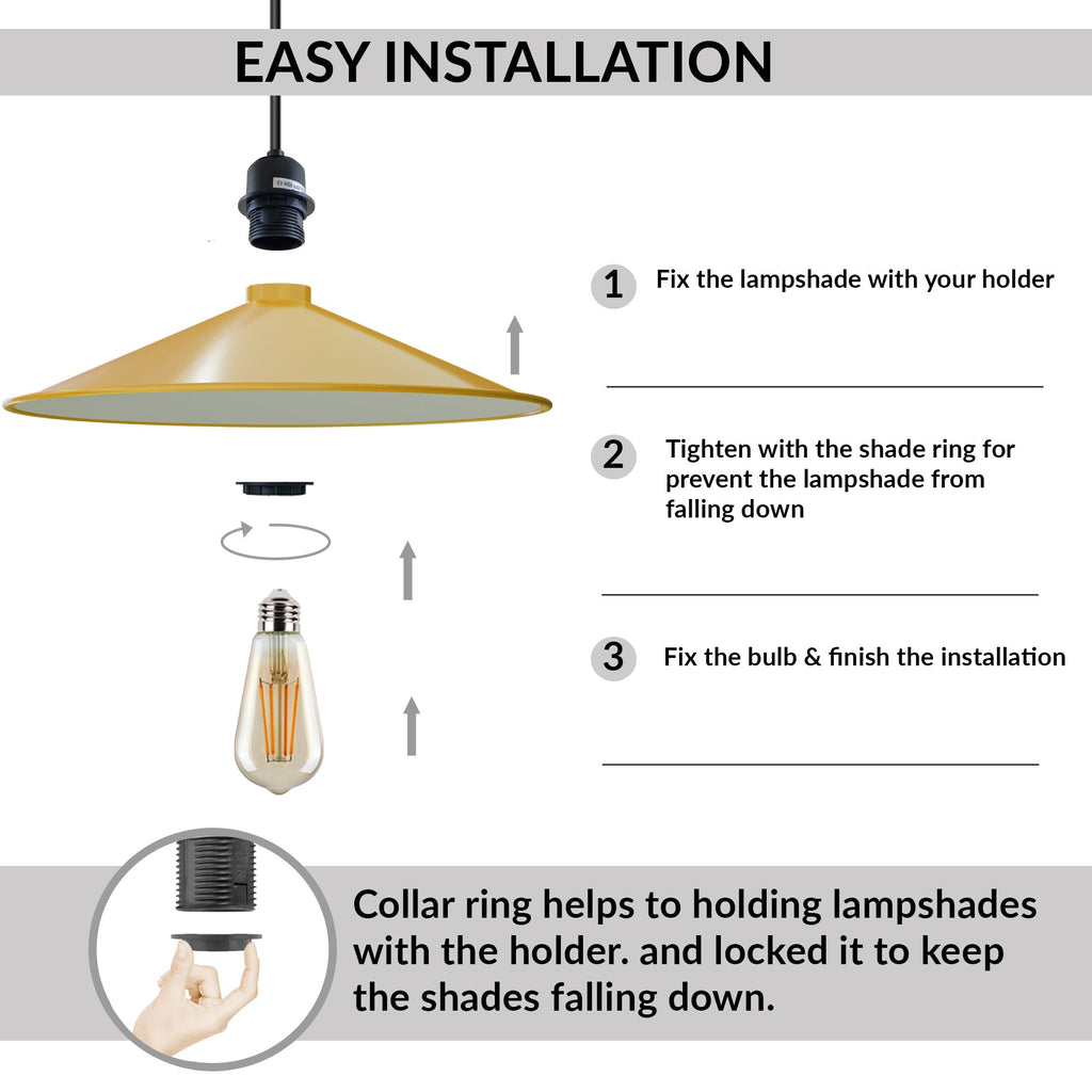 Retro Flat Cone Metal Pendant Light Fixture, Adjustable Cable, E27 Socket