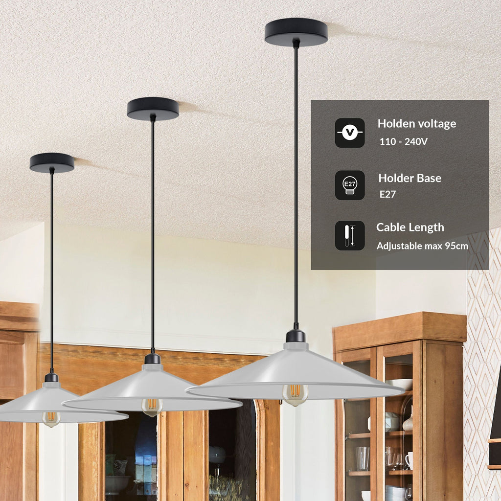 Retro Flat Cone Metal Pendant Light Fixture, Adjustable Cable, E27 Socket