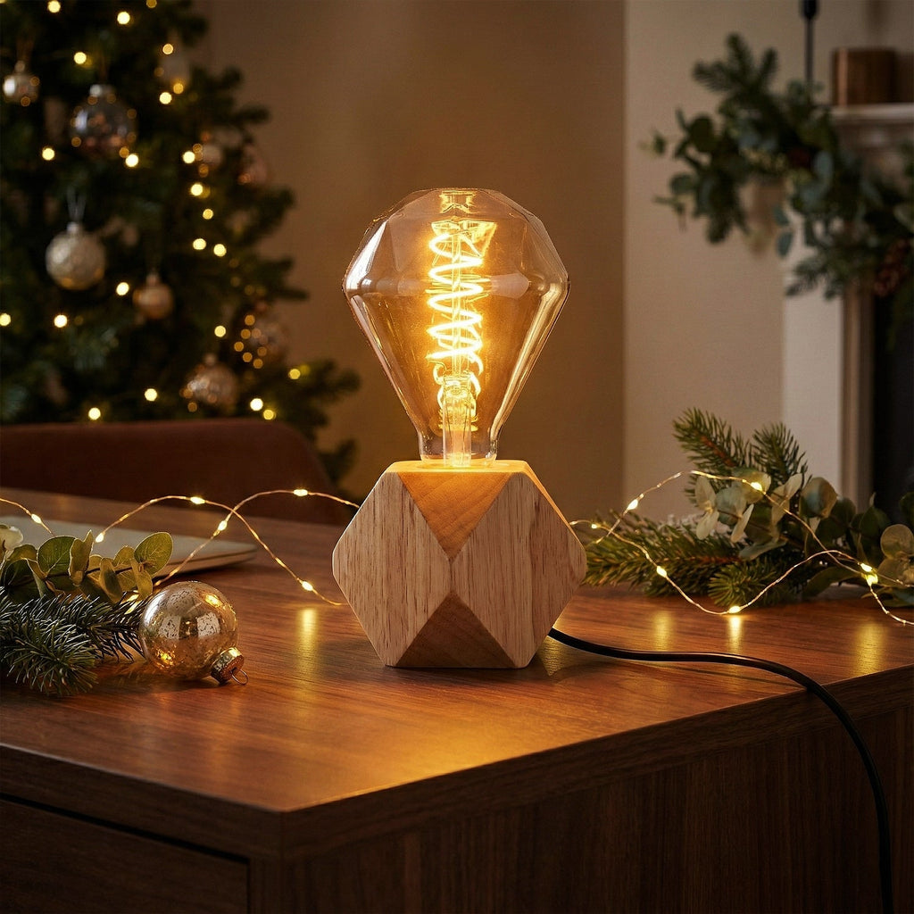 Small Wooden Table Lamp with Ambient Decorative LED Bulb