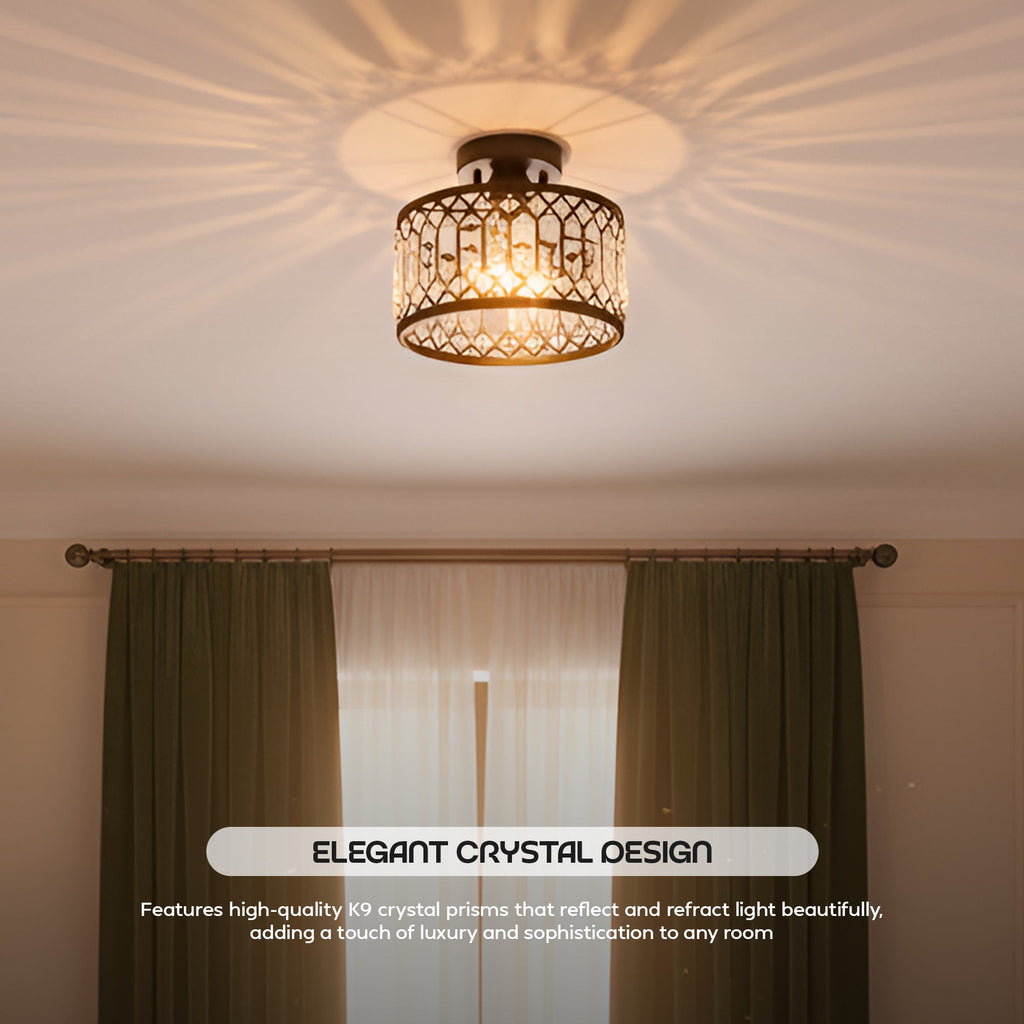 K9 Crystal Flush Mount Ceiling Light, Modern Industrial Black Metal Fixture