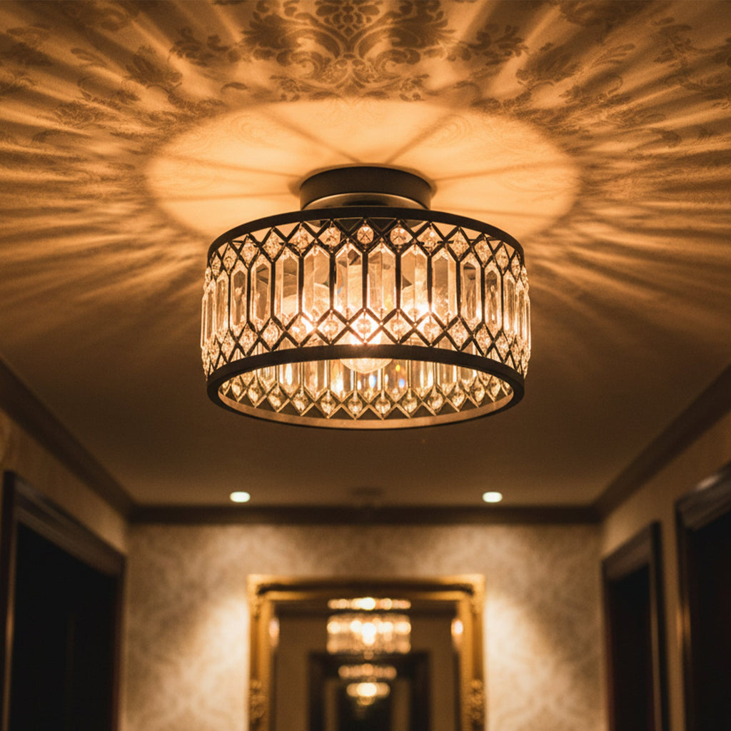 K9 Crystal Flush Mount Ceiling Light, Modern Industrial Black Metal Fixture